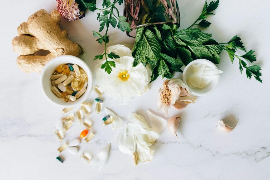 Beautifully prepared table of herbs and tablets